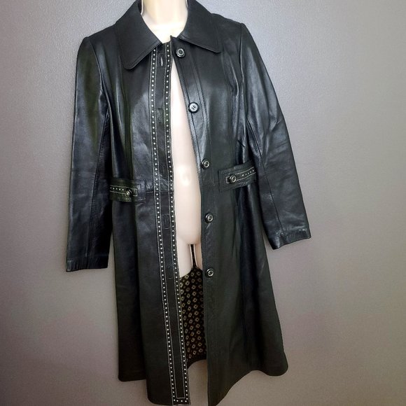 Vintage Leda Spain by Gropper Black 100% Real Leather Trench Coat